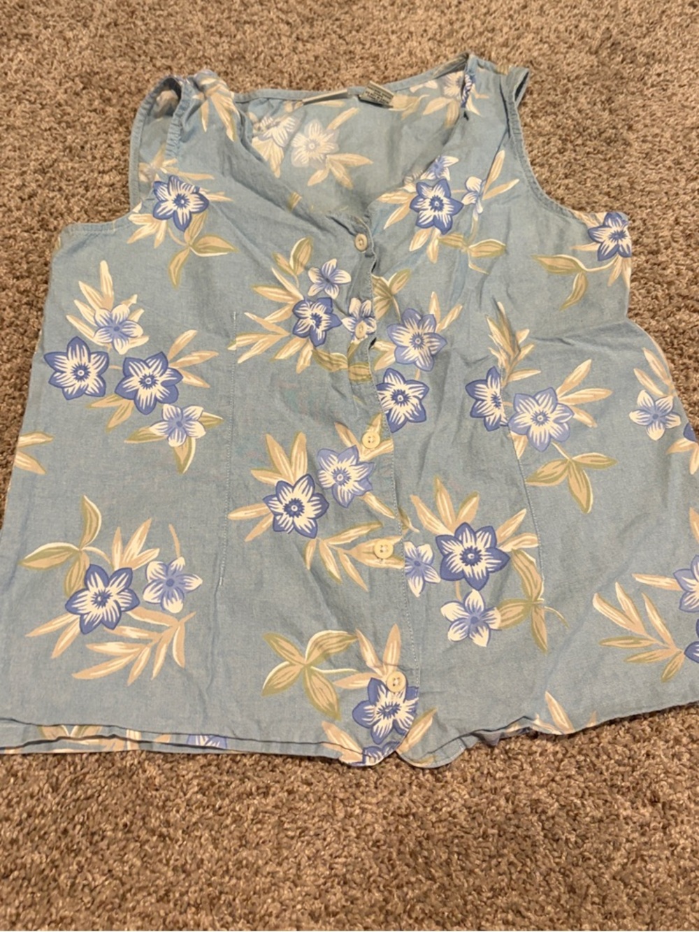 Sleeveless Button Down Tank w/ Blue & Cream Florals, 100% Cotton